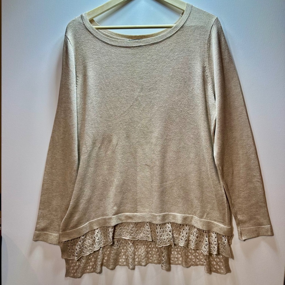 Cyrus Beige Knit Sweater Crochet Lace Tiered Hem Long Sleeve Pullover L tunic
